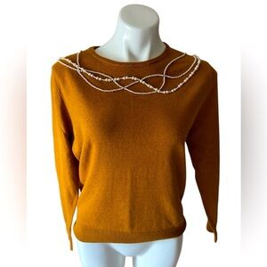 Field Flower Mustard Cotton Cashmere Sweater Blouse Pearl Detailing Size Medium